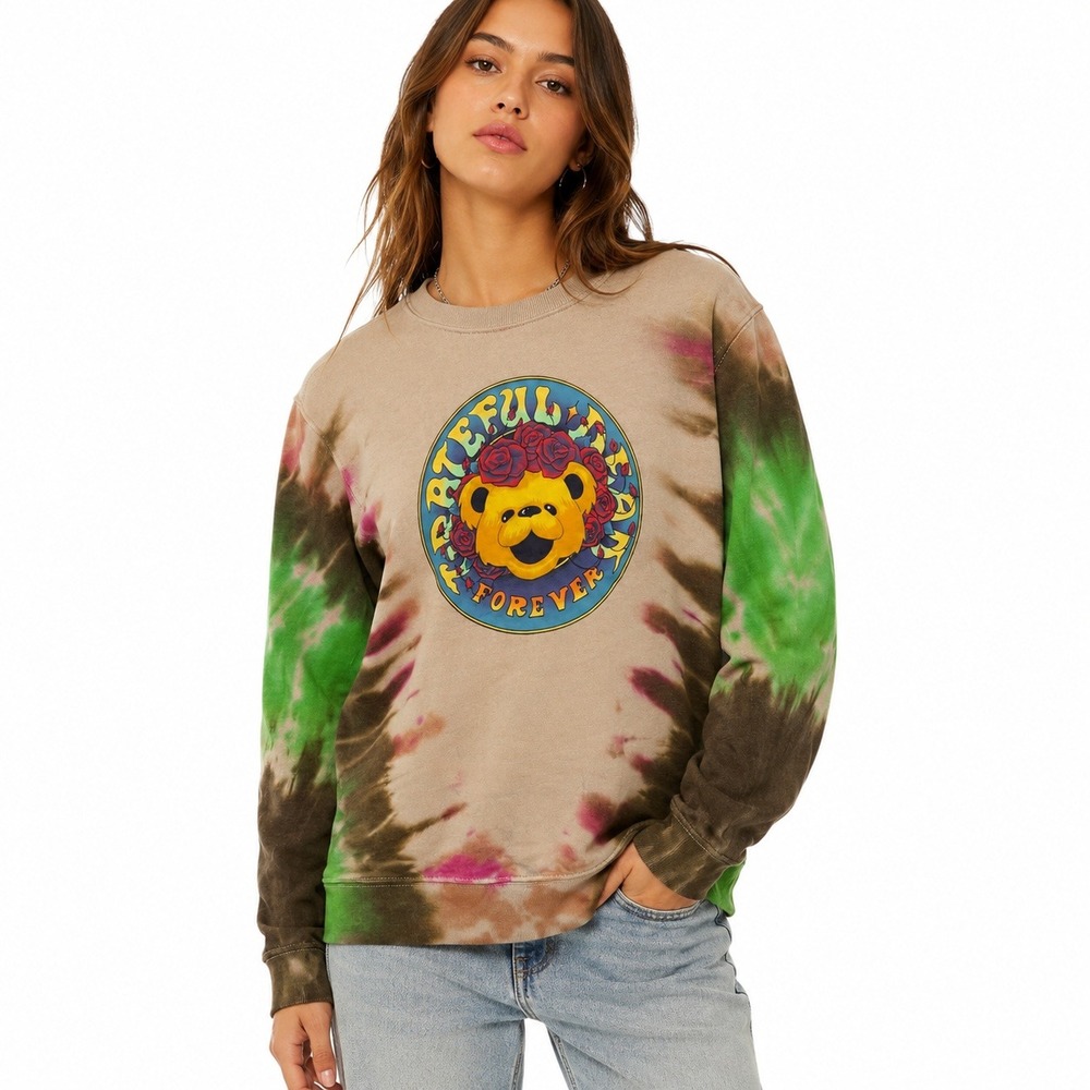 Grateful Dead Forever Dancing Bear Tie Dye Sweatshirt Tan Green Brown Womens MD
